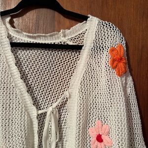 Women’s Plus Size White Knit Cardigan with Floral Embroidery - Size 3X